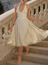 Vestido midi floral con escote halter, escote en V profundo y espalda descubierta